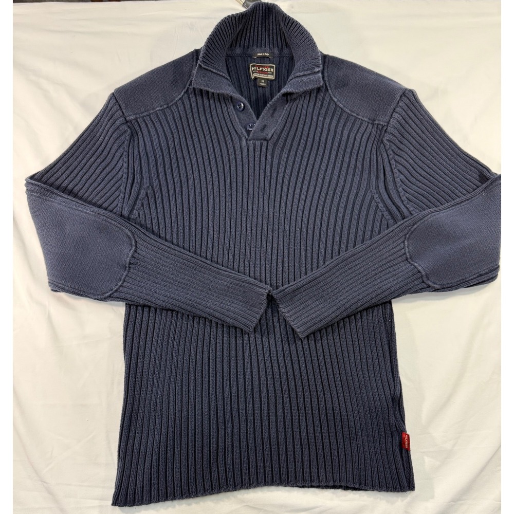 Hilfiger Denim Red Label Mens Ribbed Mock Neck Sweater Navy Blue Made in Italy M